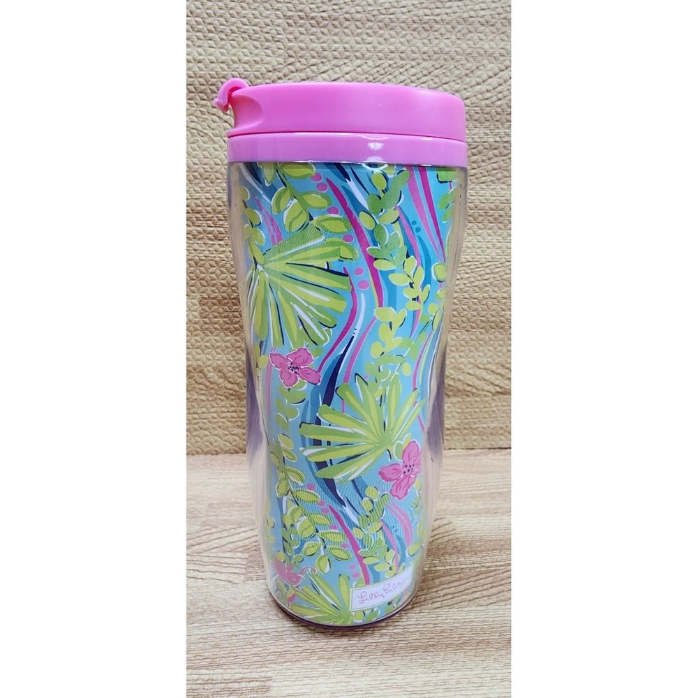 Lilly Pulitzer Travel Tumbler Mug Cup Floral Pink Blue 12 oz